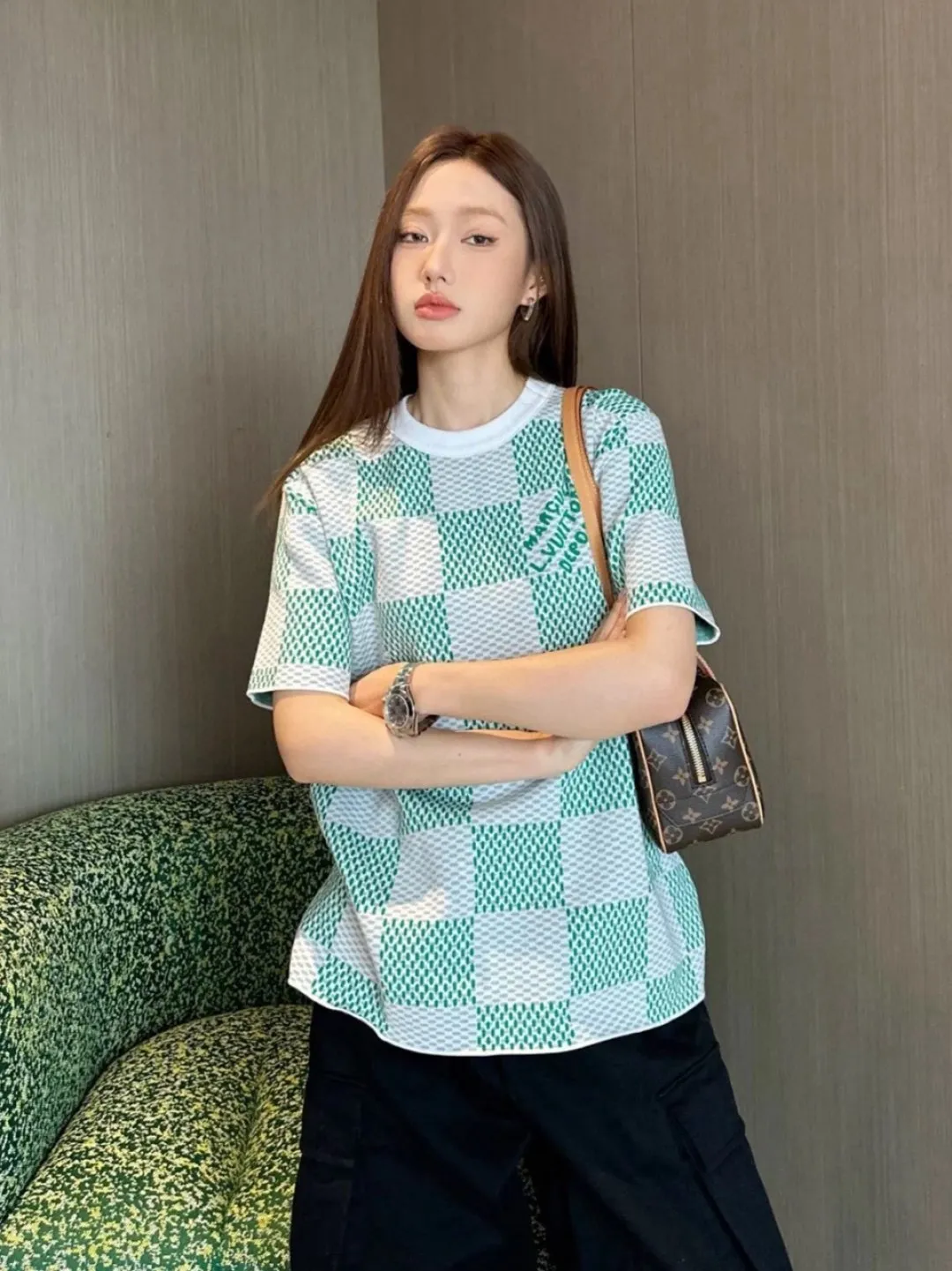 Louis Vuitton/Louis Vuitton checkerboard knitted jacquard short sleeves